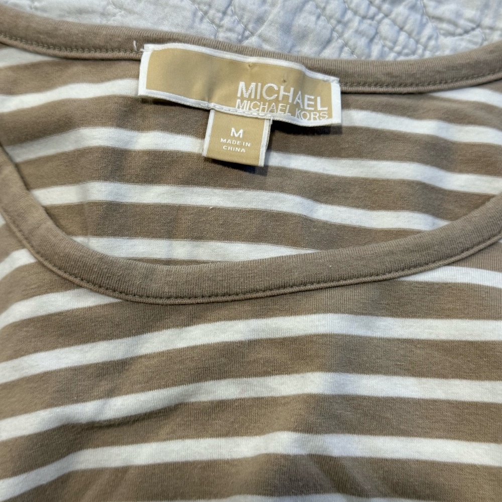 Michael Michael Kors  Tan And White Striped Shirt With Gold zippers  Box 1